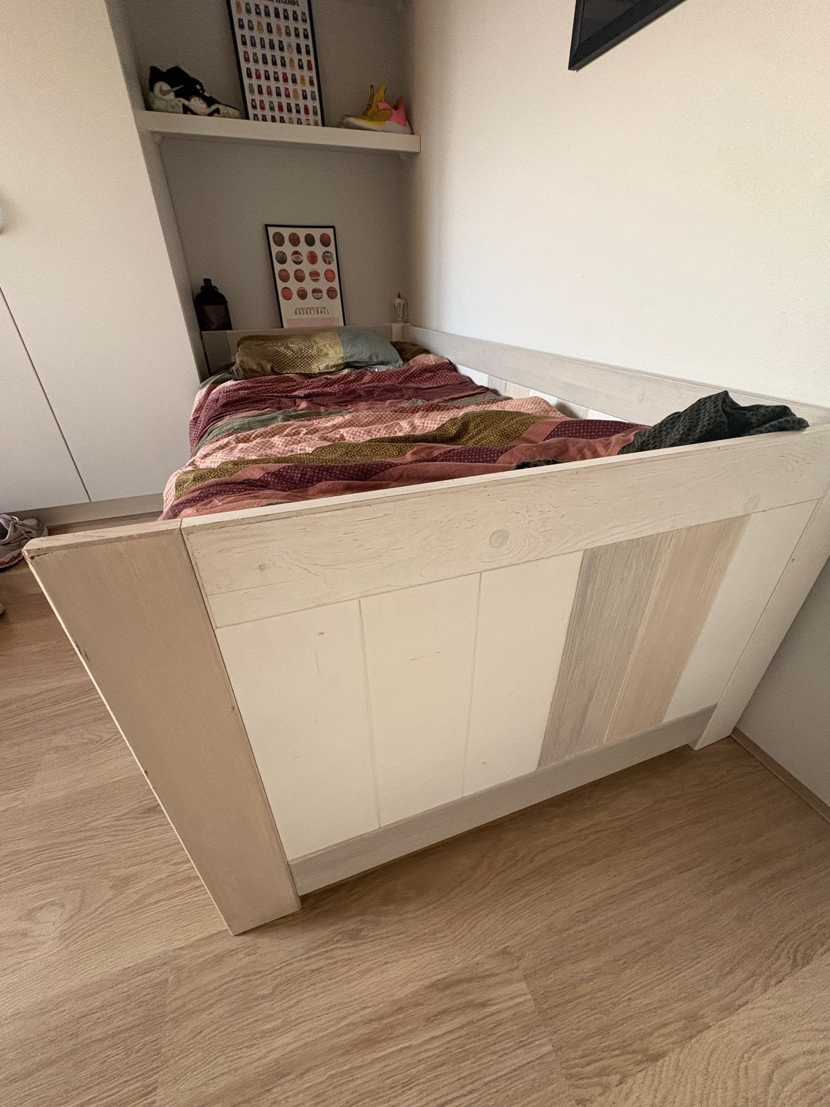 Houten bed met lattenbodem en lade met 2e bodem of opberg, Ophalen, 85 tot 100 cm, Gebruikt, Lattenbodem