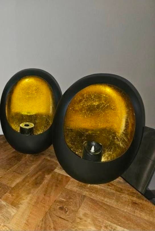 2 XL windlichten ei-vorm zwart/goud, incl. kaarsen, Huis en Inrichting, Woonaccessoires | Kandelaars en Kaarsen, 25 tot 50 cm
