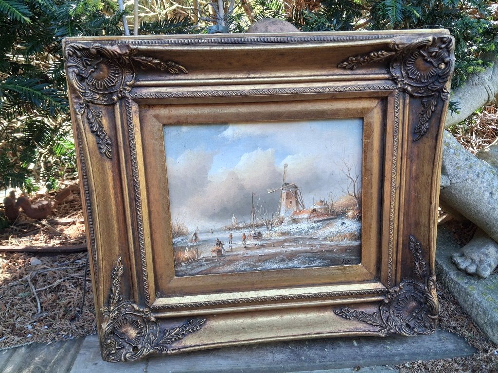Olieverf op paneel - Gesigneerd winterlandschap in sierlijst, Paneel, Realistisch, Ophalen of Verzenden, Landschap