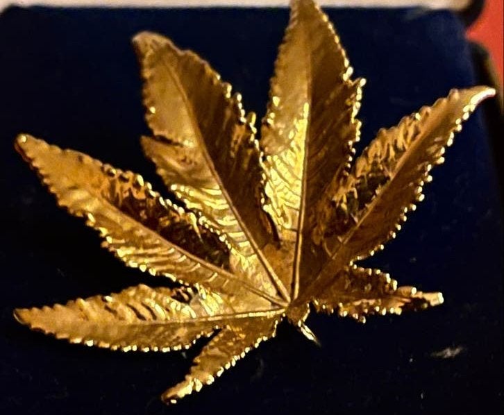Vintage Goud Vergulde Broche Blad 5-4 CM, Overige materialen, 4 tot 7 cm, Gebruikt, Verzenden