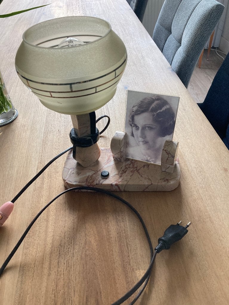 Vintage Art Deco Tafellamp met Marmeren Voet en Fotolijst, Antiek en Kunst, Ophalen