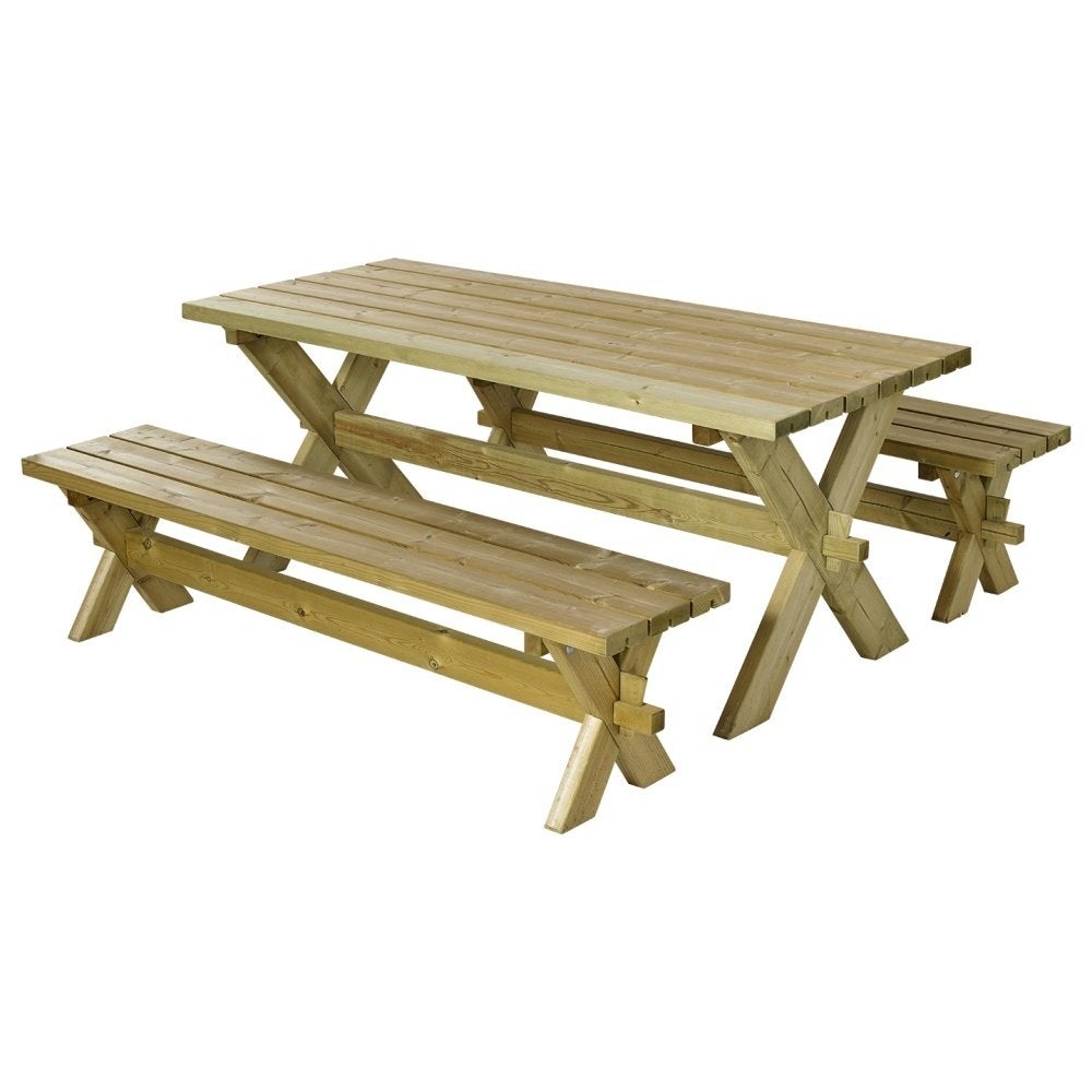 Houten picknick tafel en 2 banken - vuren hout, Ophalen, Nieuw, Rechthoekig, Hout