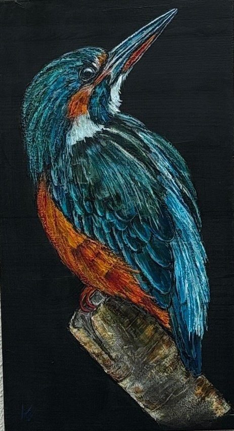 Schilderij ijsvogel op hout, Acrylverf, Hout, Ophalen of Verzenden, Dieren