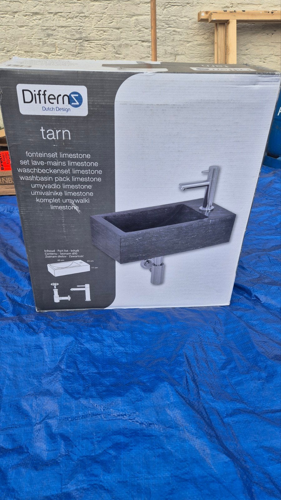 Differnz Tarn fonteinset limestone voor toilet, Ophalen, Nieuw, Steen, Wastafel