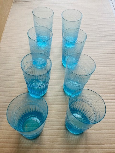 Set van 8 aqua blauwe drinkglazen – Vintage stijl met reliëf, Ophalen of Verzenden, Zo goed als nieuw, Overige typen