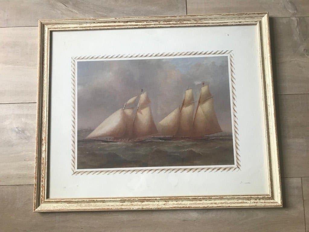 nautisch schilderij met schepen, 55 x 45, Ophalen, Zo goed als nieuw, 50 tot 75 cm, Schilderij