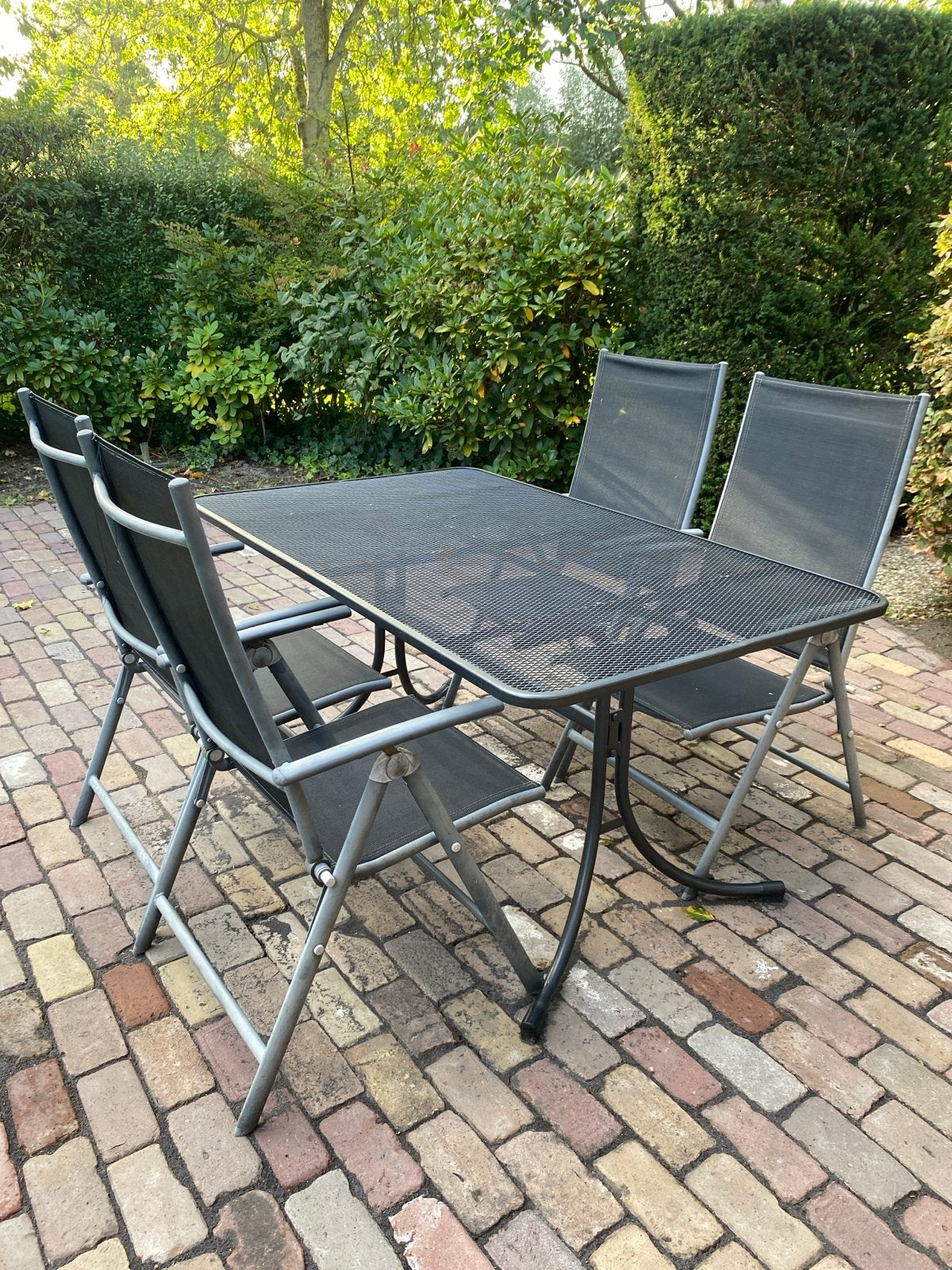 Tuinset met 4 stoelen en tafel (145 x 90), Ophalen, 4 zitplaatsen, Gebruikt, Eettafel