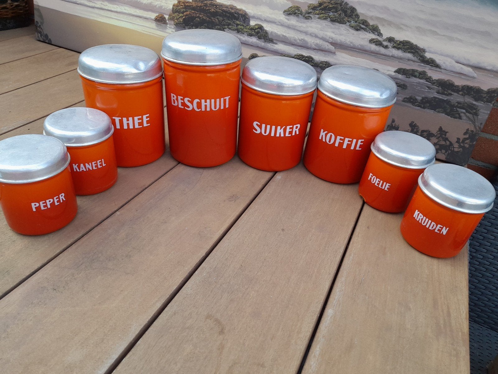Vintage voorraadpotten set - Oranje (8 stuks), Antiek en Kunst, Ophalen of Verzenden