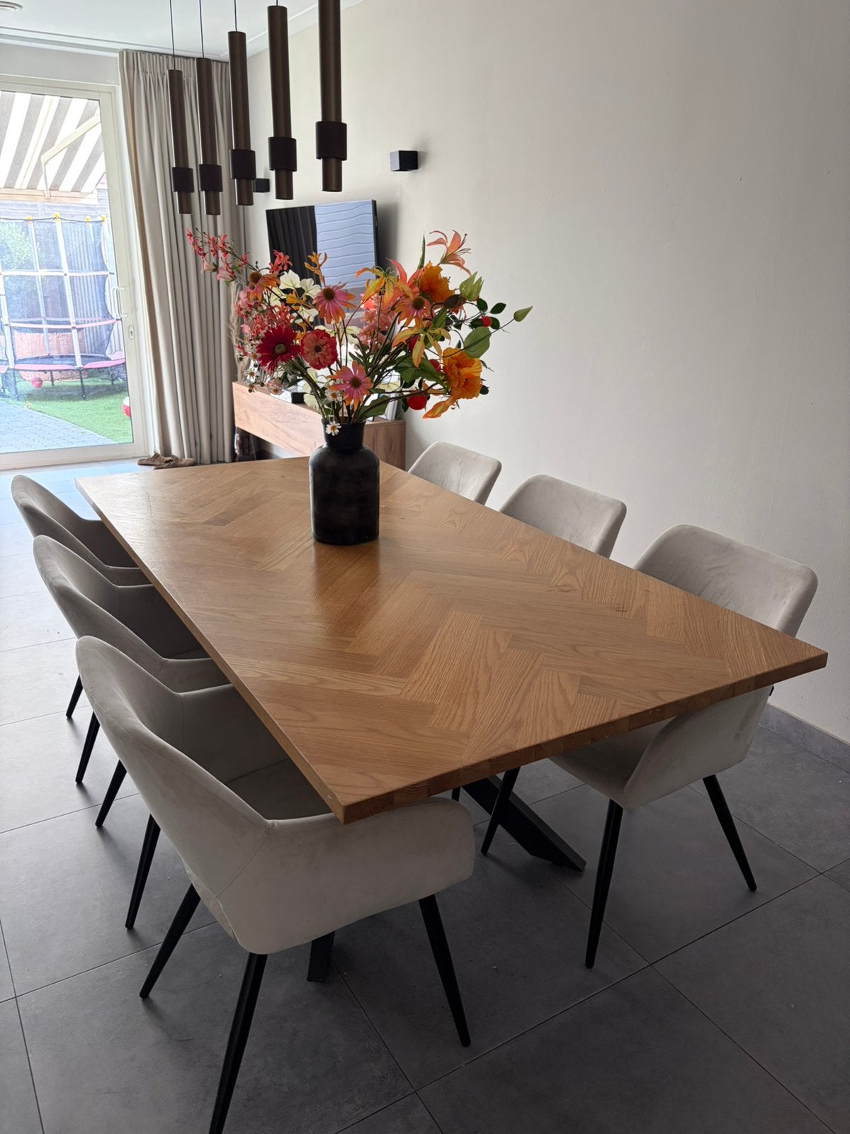 Eettafel visgraat fineer met stoelen, Huis en Inrichting, Ophalen, Gebruikt, 200 cm of meer, 50 tot 100 cm