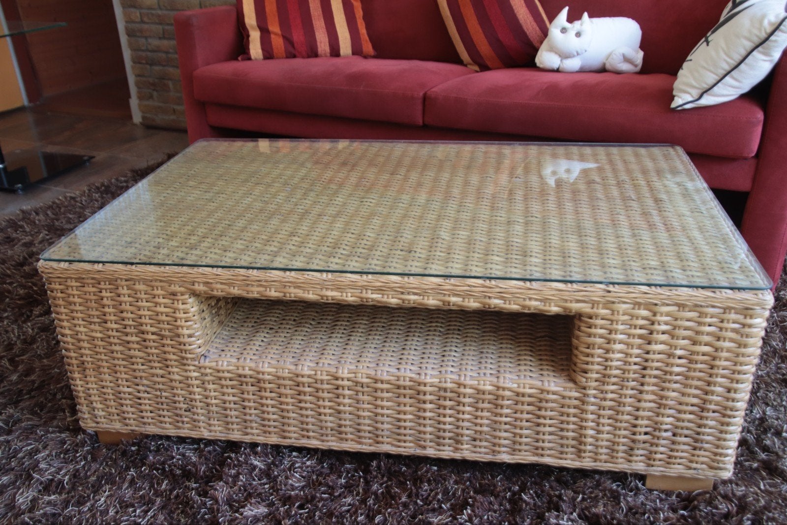 Salontafel van rotan met glazen blad, Ophalen, Gebruikt, 100 tot 150 cm, 50 tot 100 cm