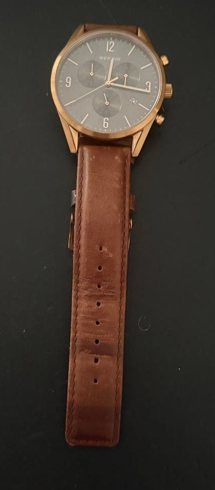 Bering herenhorloge - Roségoud met bruin leren band, Overige merken, Staal, Polshorloge, Ophalen of Verzenden