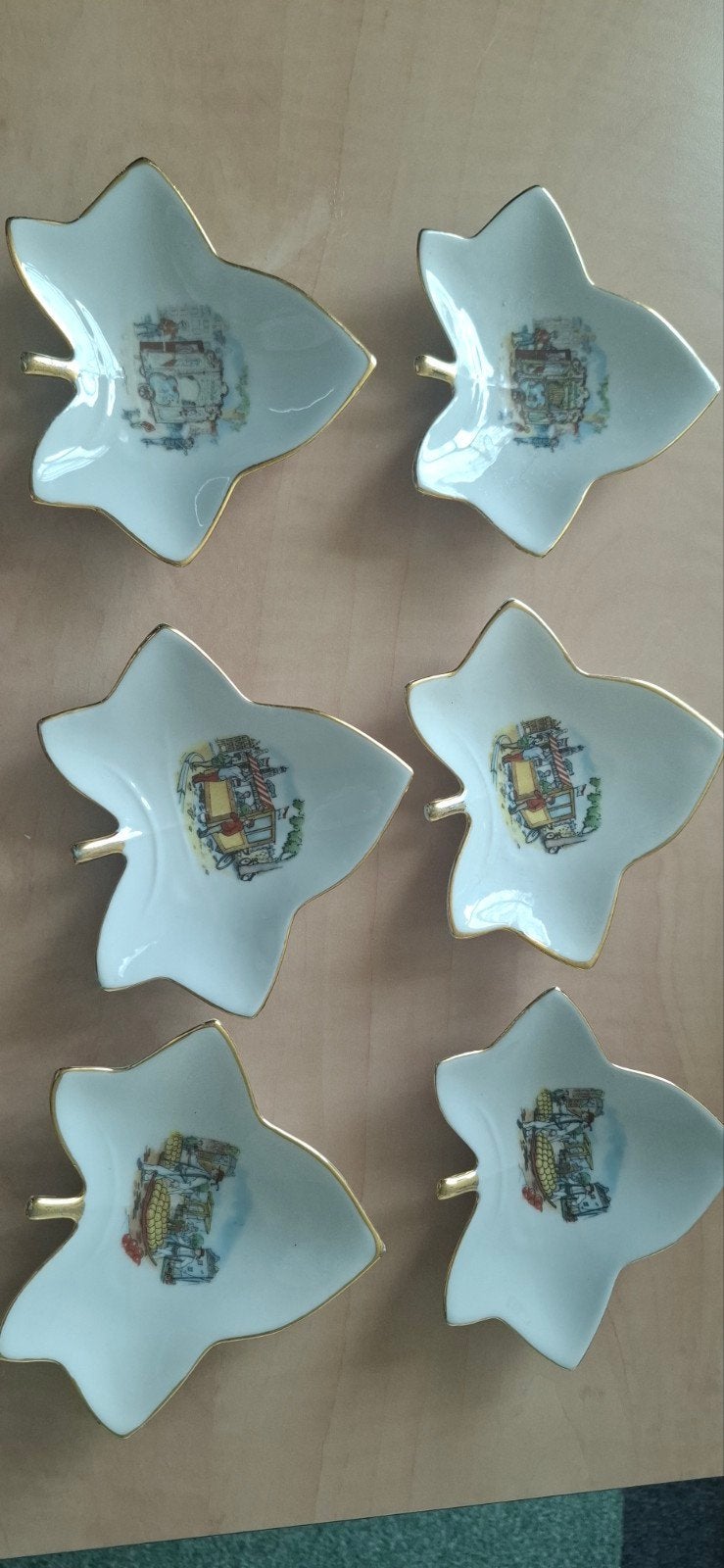 Set van 6 vintage blad-vormige schaaltjes met decoratie, Ophalen of Verzenden