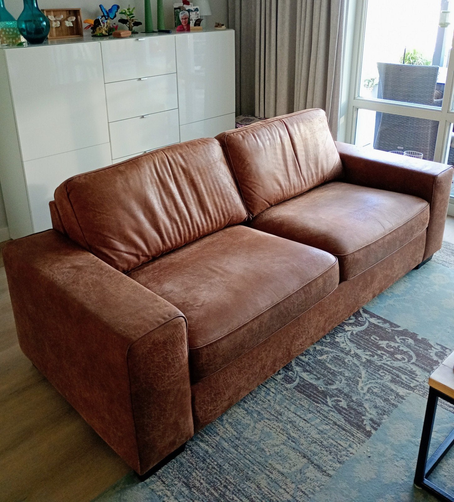3 zitsbank microleder cognackleur, Ophalen, Gebruikt, Driepersoons, 75 tot 100 cm