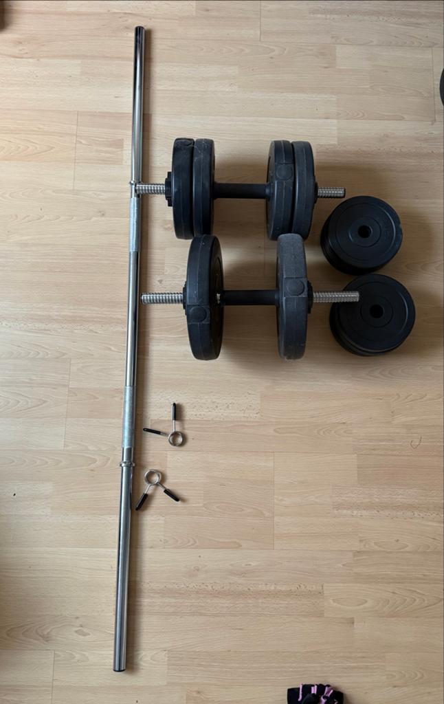 Gewichten + stangen, Sport en Fitness, Fitnessmaterialen, Ophalen, Zo goed als nieuw, Halterset