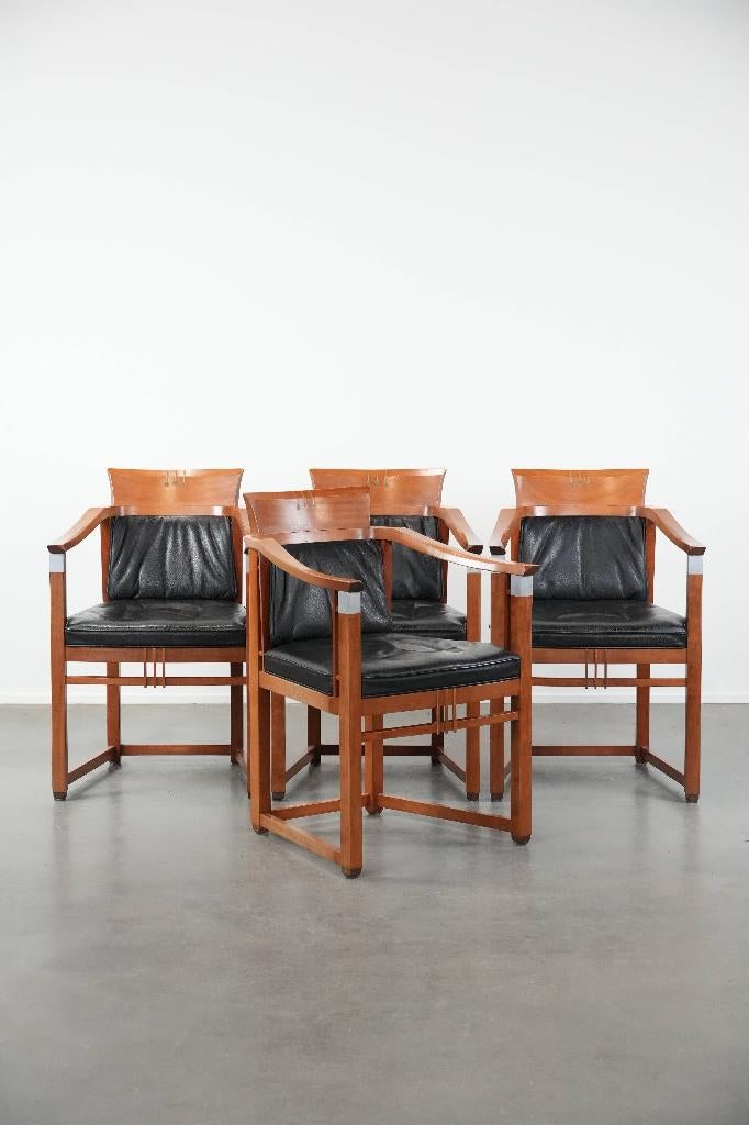 Set van 4 zwart lederen Schuitema Art Deco eetkamerstoelen, Huis en Inrichting, Stoelen, Gebruikt, Vier, Hout, Leer, Zwart, Ophalen