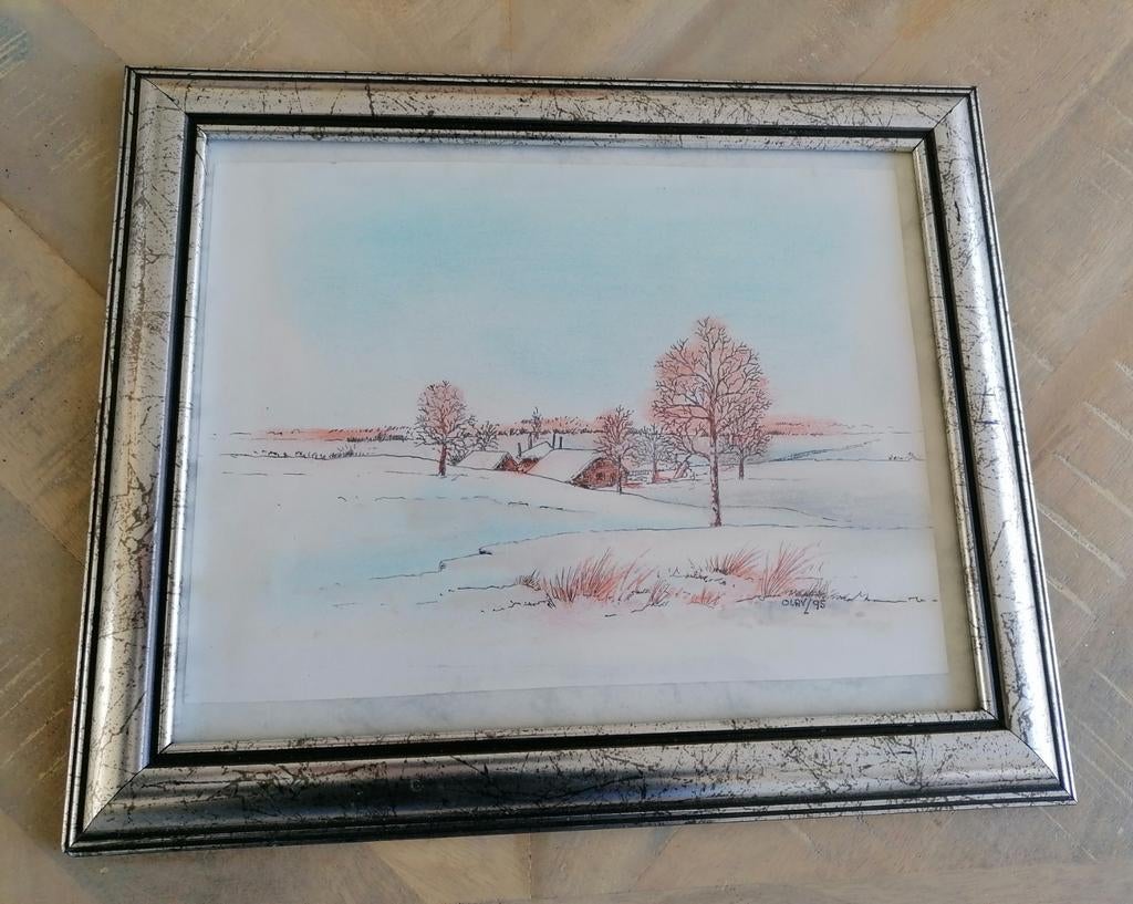 Pentekening Olav Amsen winterlandschap, Antiek en Kunst, Ophalen of Verzenden