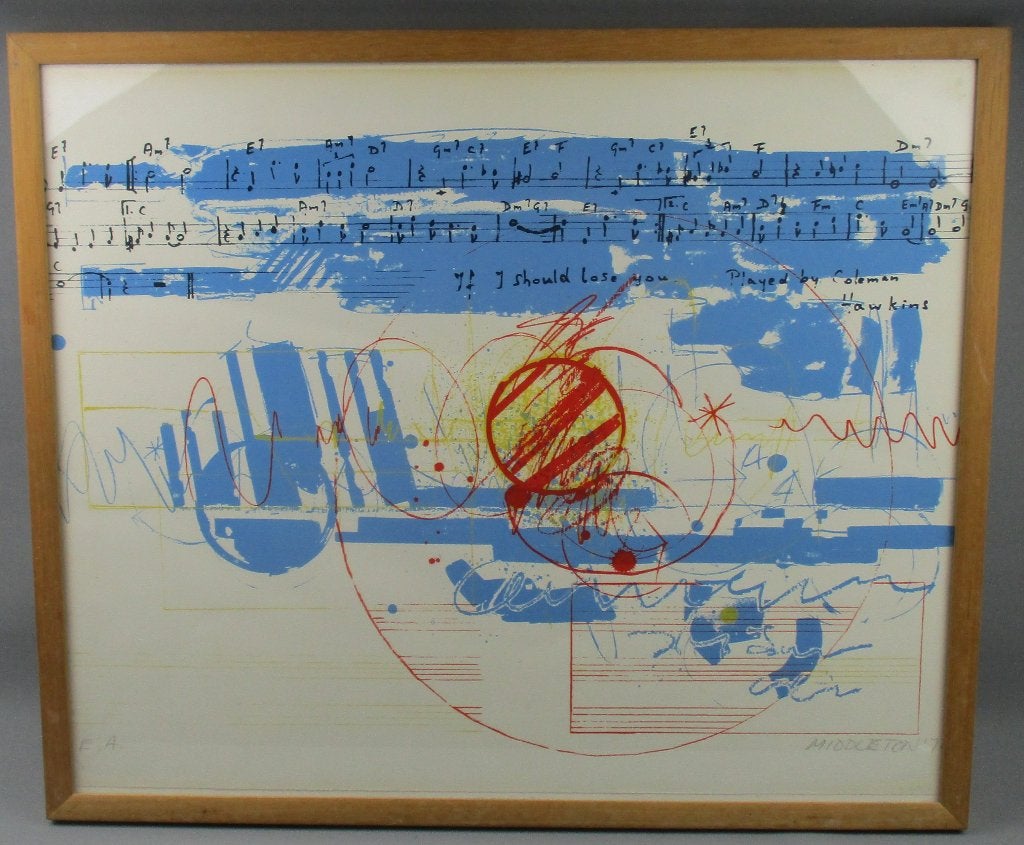 Sam Middleton (1927-2015)  Kleur zeefdruk, Lithografie, Met glas, Abstract, Ophalen