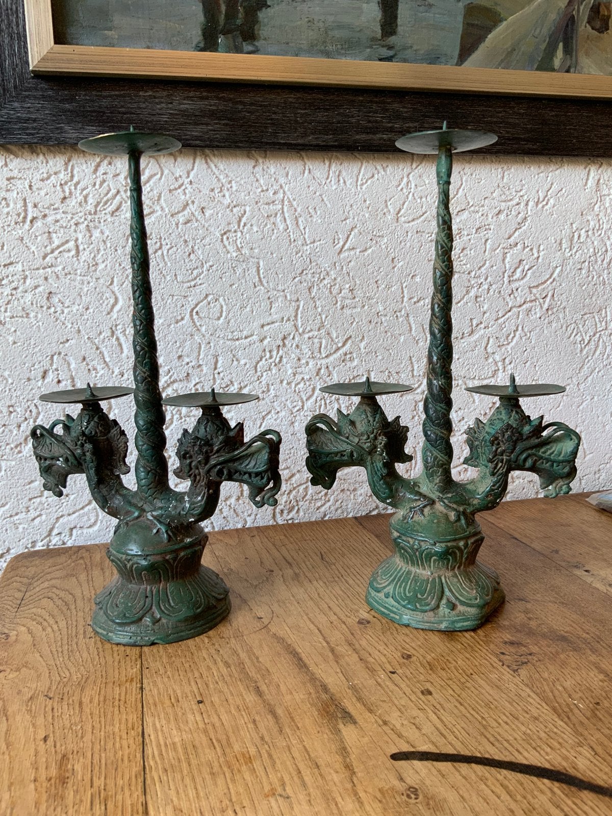 Paar Stel Vintage Antieke Chinese Bronzen Draken Kandelaars, Ophalen of Verzenden, Koper of Brons