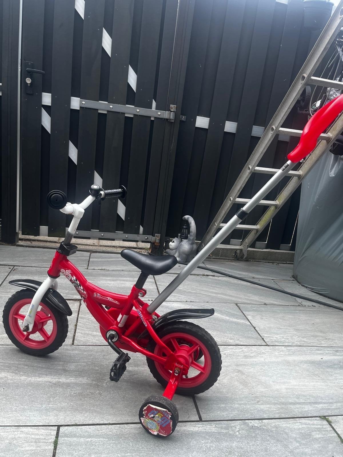 Rode kinderfiets met zijwieltjes en duwstang, Fietsen en Brommers, Ophalen, Terugtraprem, Zijwieltjes, 16 tot 20 inch