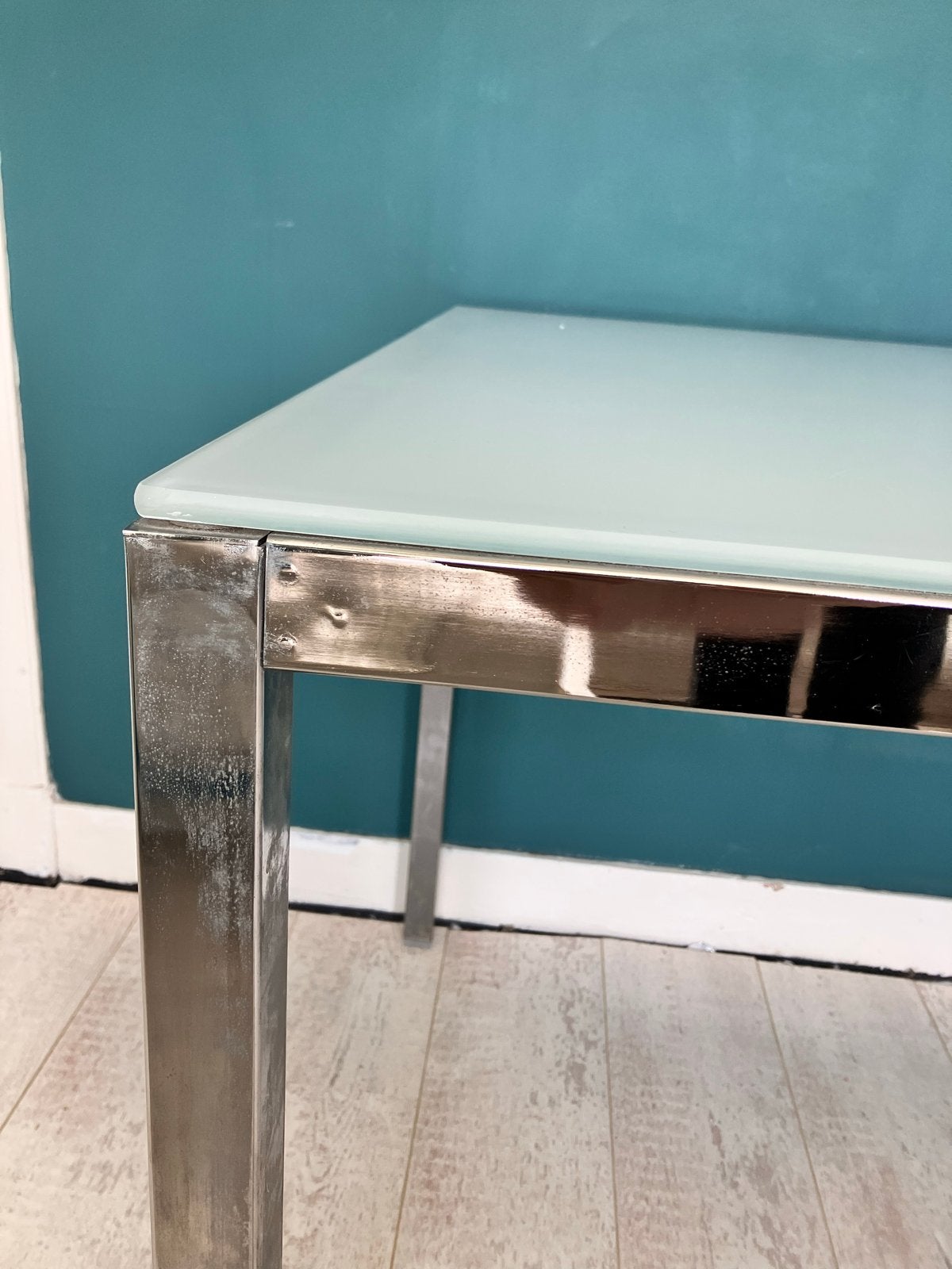 GRATIS TOT WOENSDAG! Eettafel glazen blad metalen onderstel, Ophalen, Gebruikt, 50 tot 100 cm, Glas