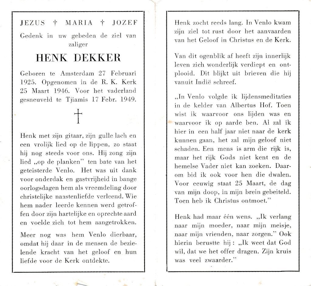 Dekker Henk 1925 Amsterdam 1949  gesneuveld Tjiamis, Ophalen of Verzenden, Bidprentje