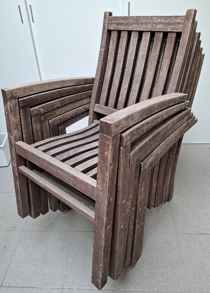 6 fijne stapelbare houten tuinstoelen, Tuin en Terras, Tuinstoelen, Ophalen, Gebruikt, Hout, Stapelbaar