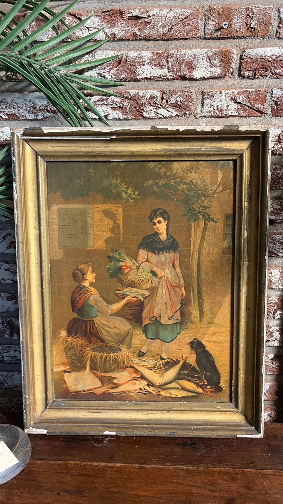 Prachtige prent 'Marchande de Poissons' in brocante lijst, Antiek en Kunst, Ophalen of Verzenden