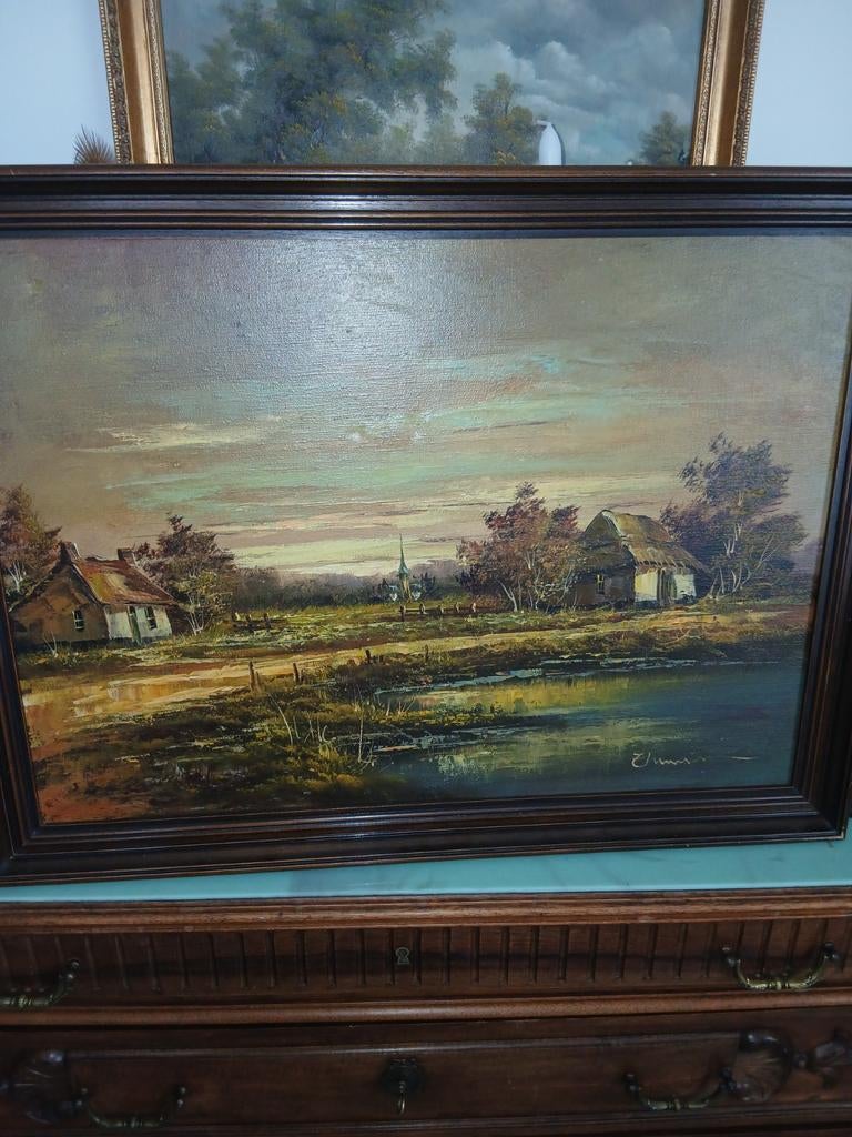Olieverfschilderij Landschap met Boerderijen en Water, Ophalen