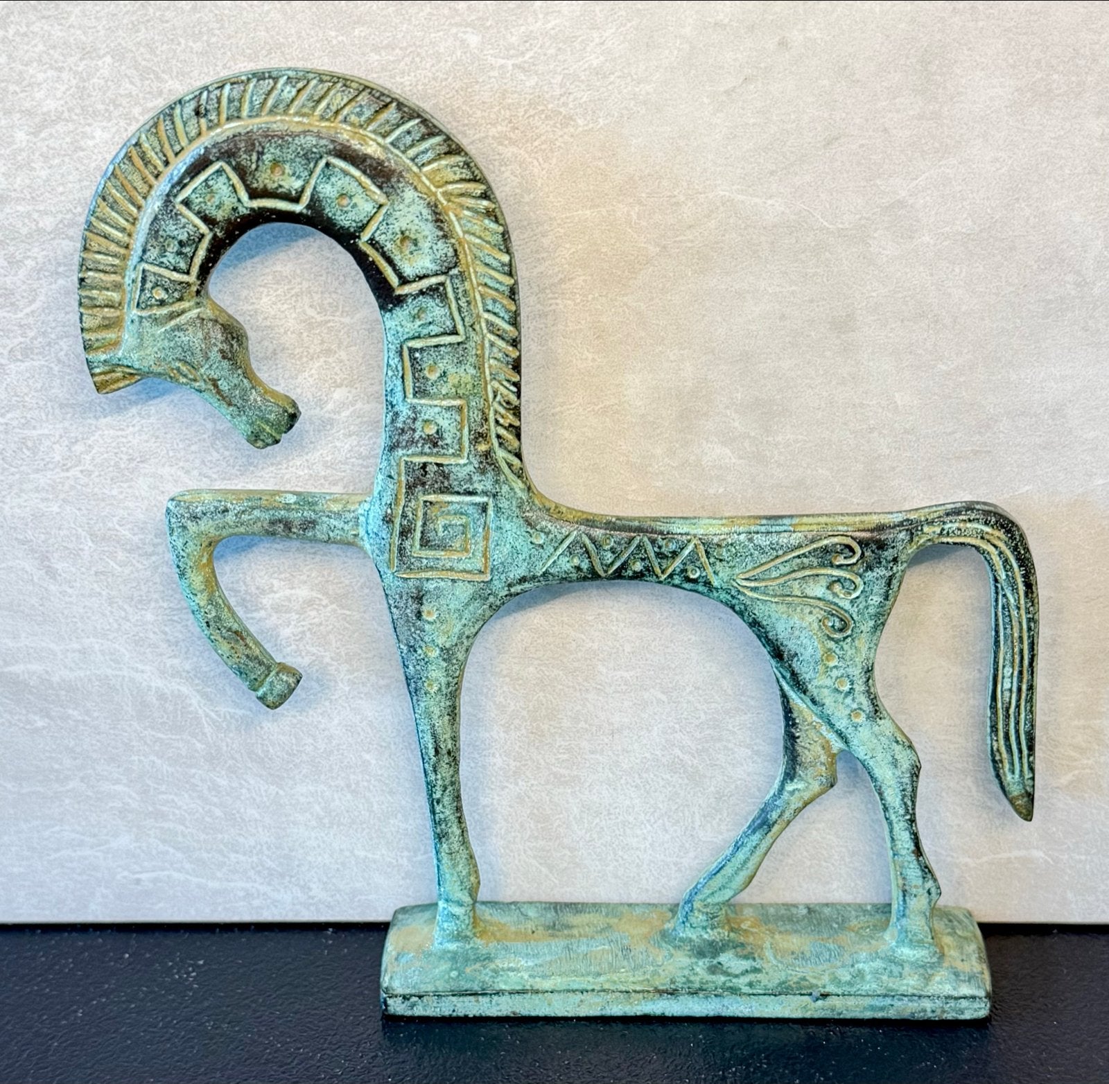 Bronzen paard sculptuur in Griekse stijl, Minder dan 20 cm, Ophalen of Verzenden, Beeld, Meerkleurig