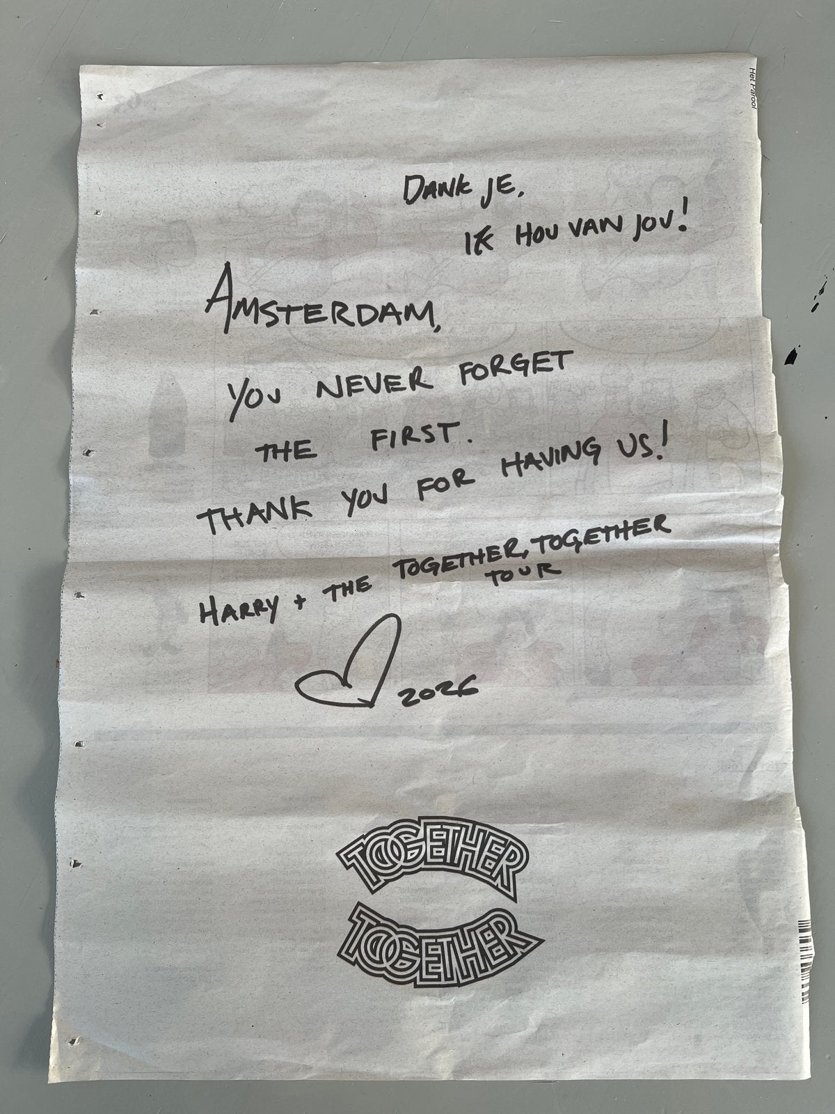 Harry Styles Amsterdam Thank You Page - Origineel, Ophalen of Verzenden, Zo goed als nieuw, Poster, Artwork of Schilderij