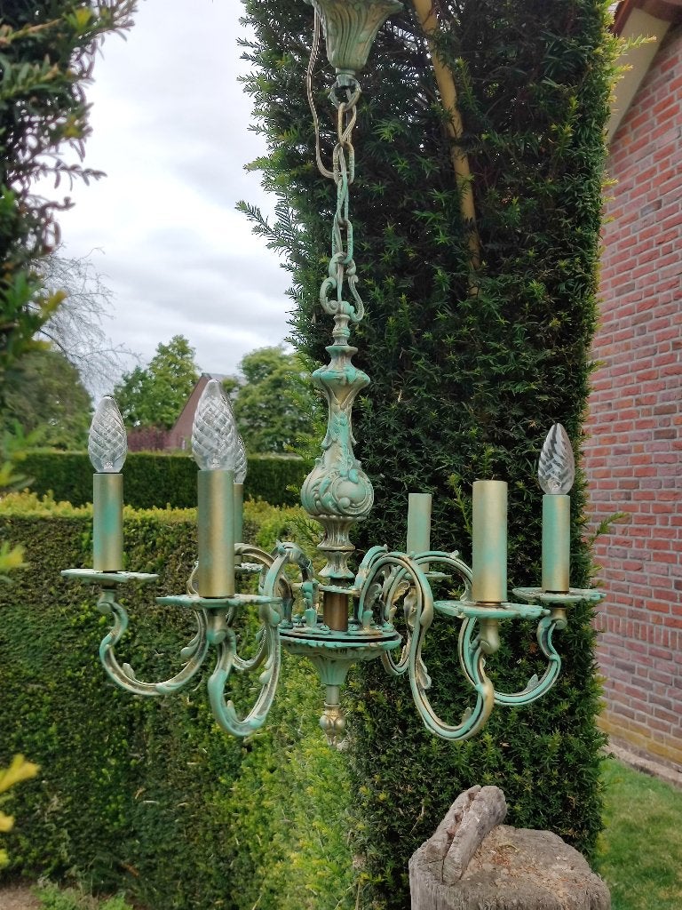 Bronzen kroonluchter/smeedijzer hanglamp/Glazen bollamp, Huis en Inrichting, Lampen | Kroonluchters, Ophalen, Gebruikt, Antiek/Retro/Brocante/Vintage