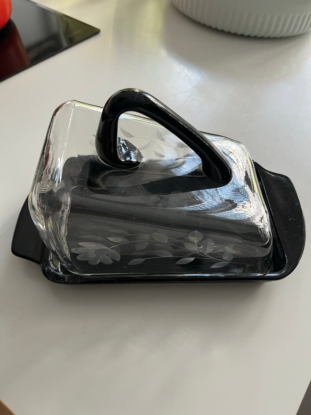 Vintage Glazen Botervloot met Zwart Handvat en Schaal, Ophalen of Verzenden
