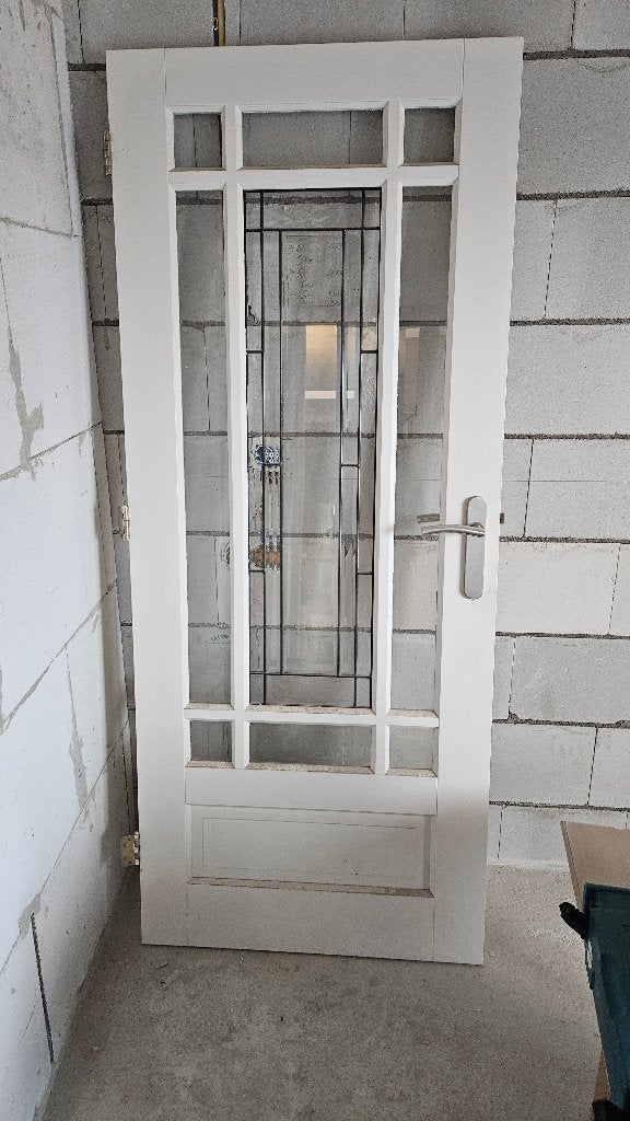 Hardhouten kamerdeur met glas in lood, Doe-het-zelf en Verbouw, Deuren en Horren, Ophalen, Gebruikt, 80 tot 100 cm, Binnendeur