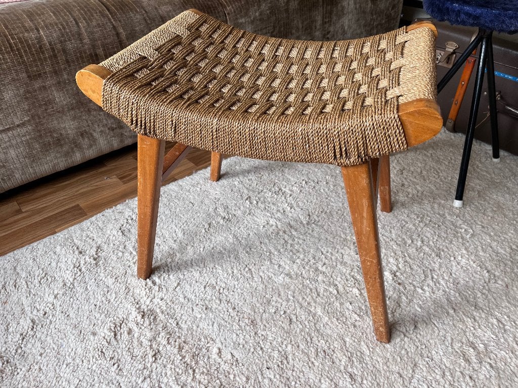 Deens vintage  voetenbankje, hout en touw, Ophalen, Gebruikt, Hout