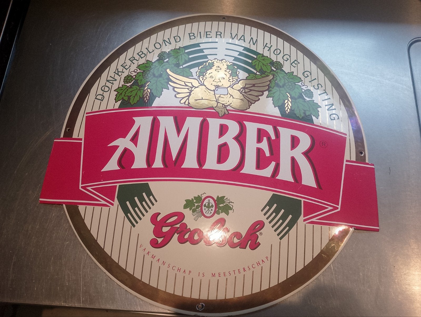 Vintage Grolsch Amber emaille reclamebord, Verzamelen, Biermerken, Ophalen of Verzenden, Zo goed als nieuw, Reclamebord, Plaat of Schild