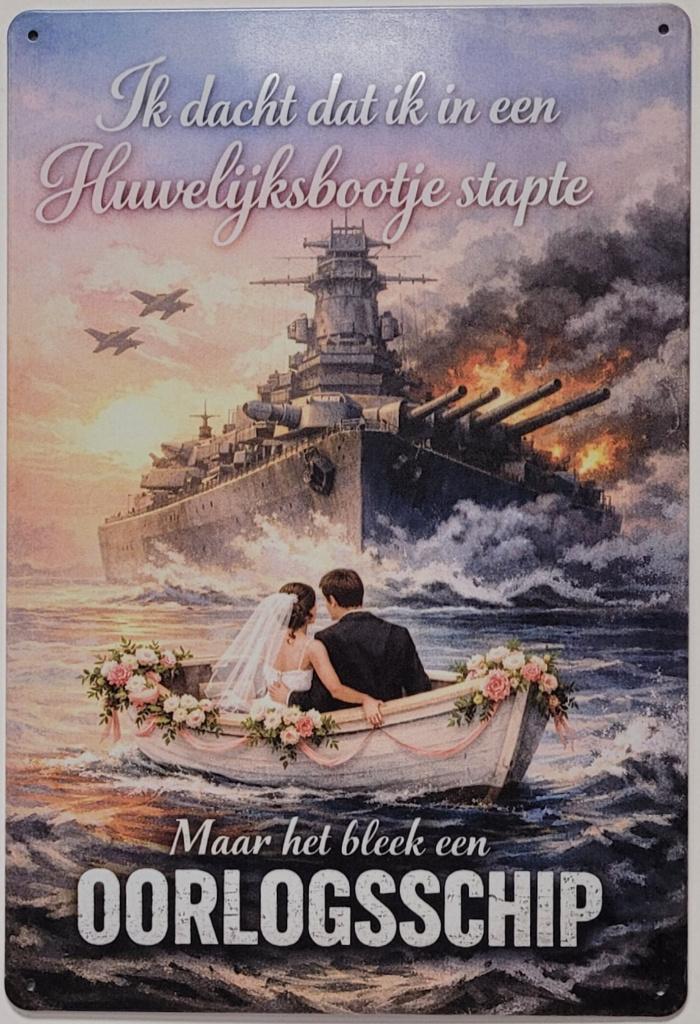 Huewelijksbootje bleek oorlogsschip reclamebord van metaal, Info@deconoord.nl, Deco Noord, Nieuw, Ophalen of Verzenden