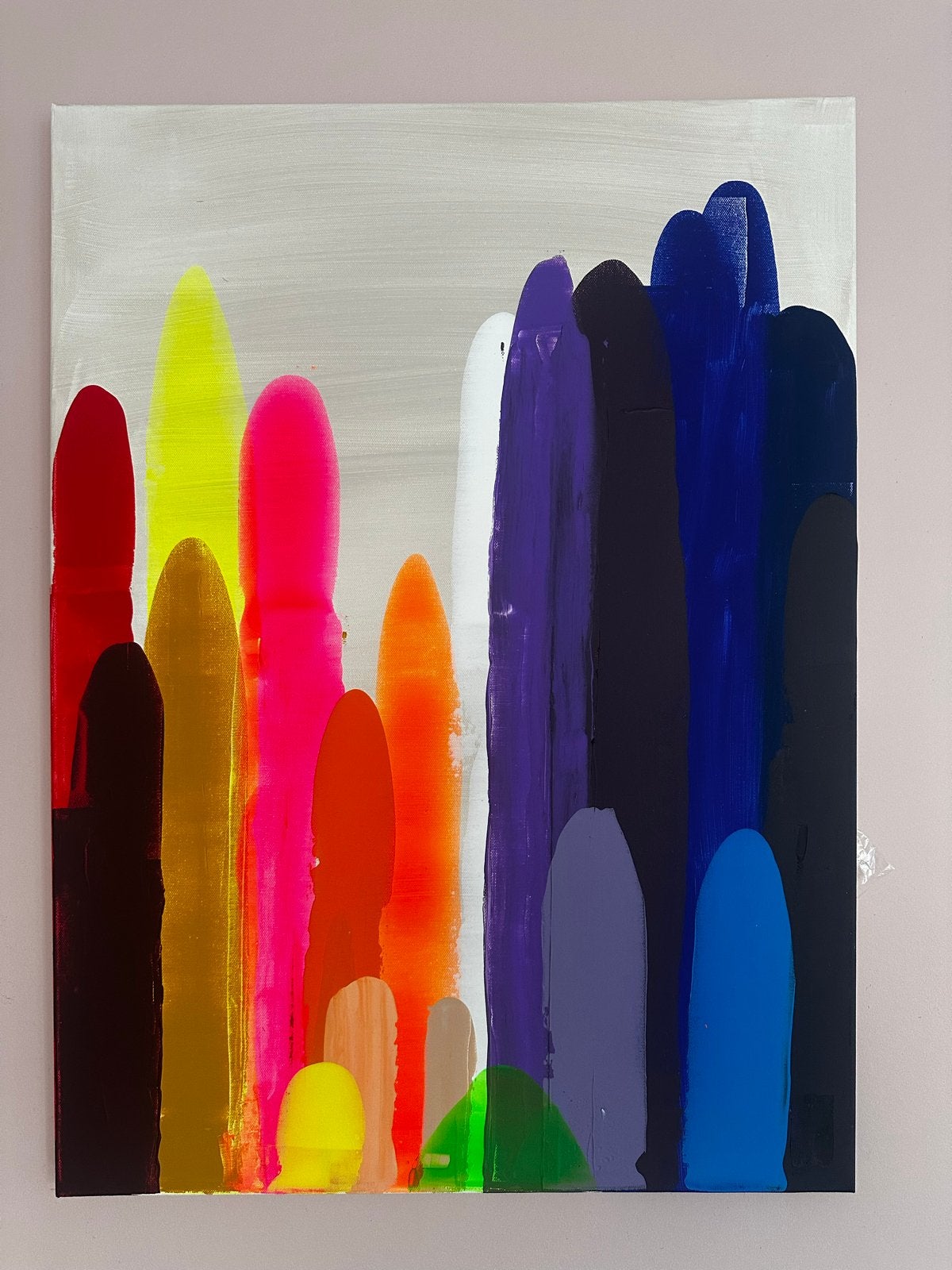 Abstract Acryl Schilderij met Neon Accenten - 55x75 cm, Abstract, Acrylverf, Handgeschilderd, Ophalen of Verzenden