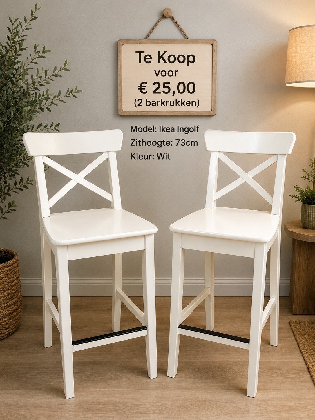 Ikea Ingolf barkrukken, 73 cm hoog, wit (2 stuks), Ophalen