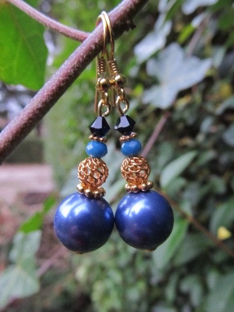 Oorbellen Robertine shellparel-kristalglas-swarovski goud, Hangers, Blauw, Nieuw, Goud