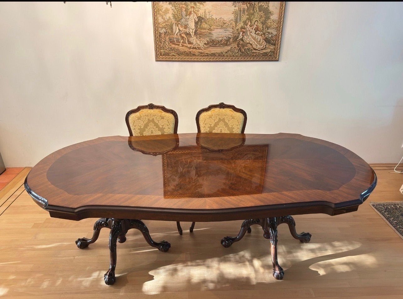 Handgemaakte houten eettafel voor 8 personen met 4 stoelen, Huis en Inrichting, Ophalen, 100 tot 150 cm, Zo goed als nieuw, Vijf personen of meer