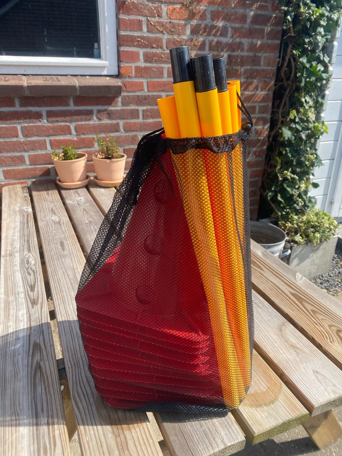 Agility set: 12 pionnen, 6 stokken, draagtas, Ophalen of Verzenden, Zo goed als nieuw, Behendigheidspeelgoed
