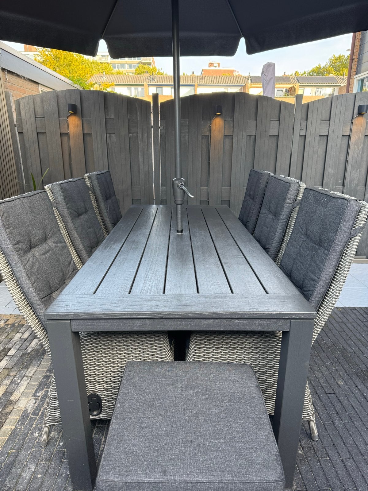 Tuinset met 6 verstelbare stoelen en parasol (zonder poot), Tuin en Terras, Ophalen, Gebruikt, Eettafel, 6 zitplaatsen