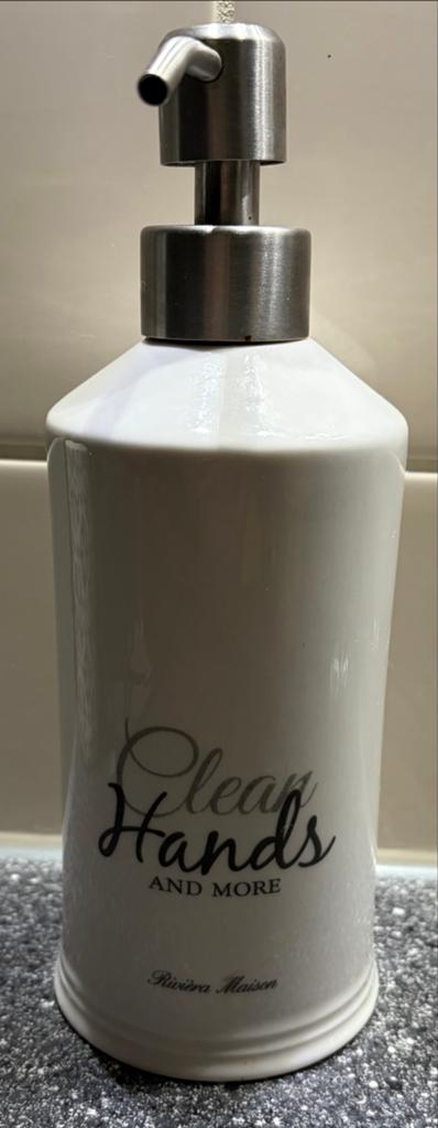 Riviera Maison ZeepDispenser - Clean Hands, Ophalen, Wit, Steen/keramiek, Landelijk