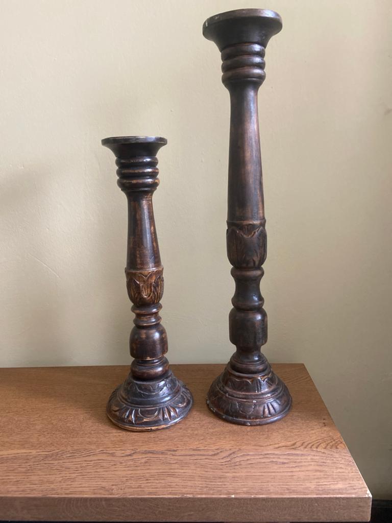 Set van 2 Vintage Houten Kandelaars - Handgesneden, Ophalen of Verzenden, Overige materialen