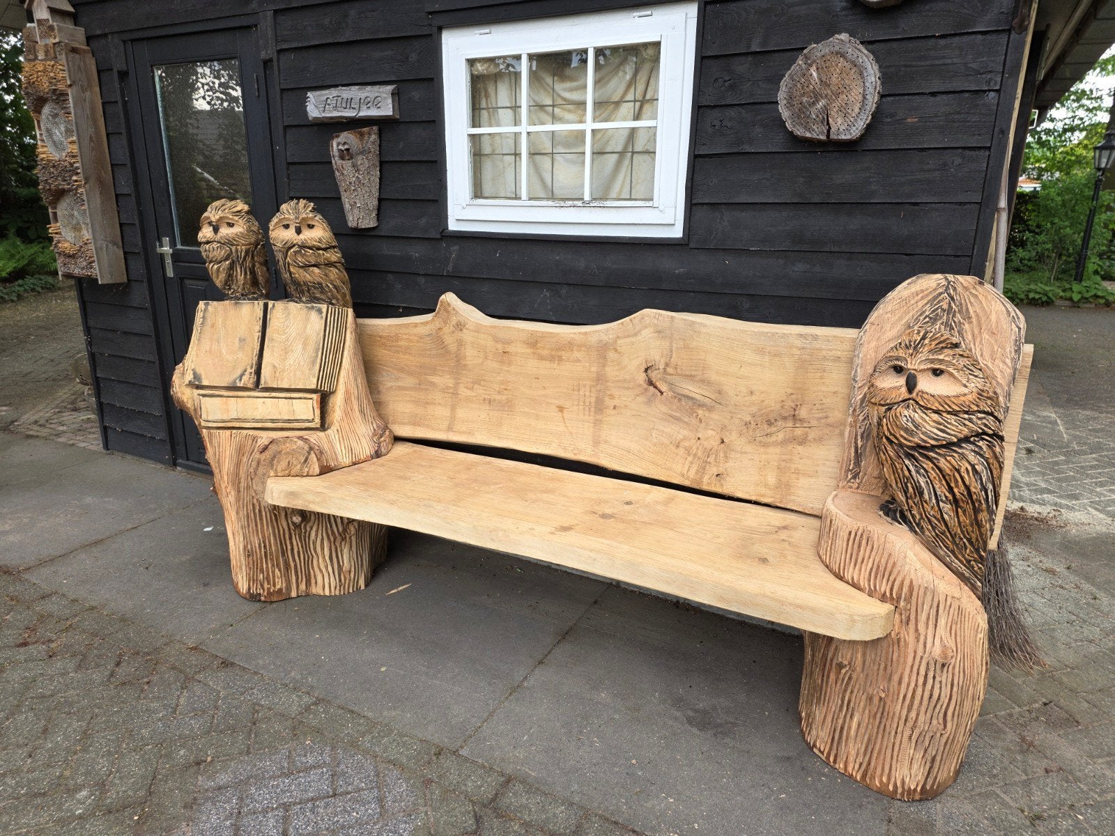 tuinbank met uilen tuinset loungeset mancave houten uil, Ophalen, Zo goed als nieuw, Hout