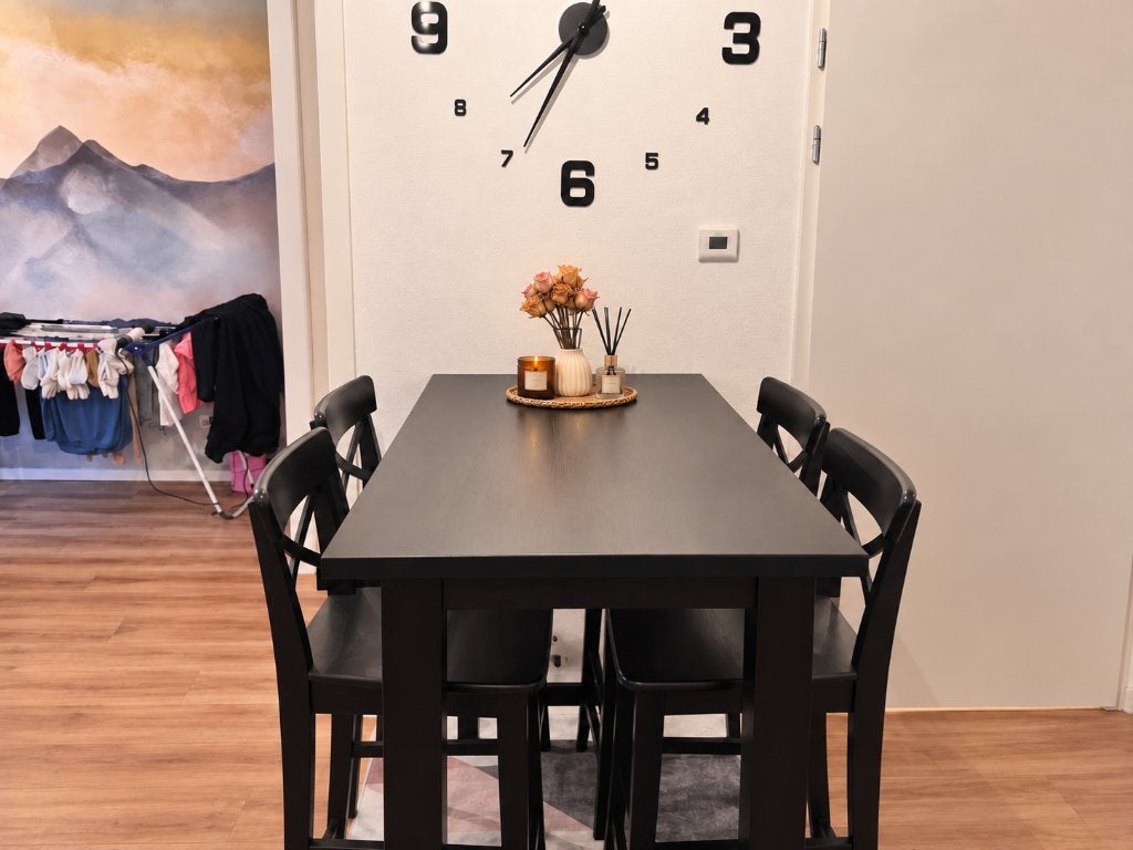 Zwarte bartafel / hoge eettafel met 4 stoelen, Ophalen, 100 tot 150 cm, 50 tot 100 cm, Zo goed als nieuw