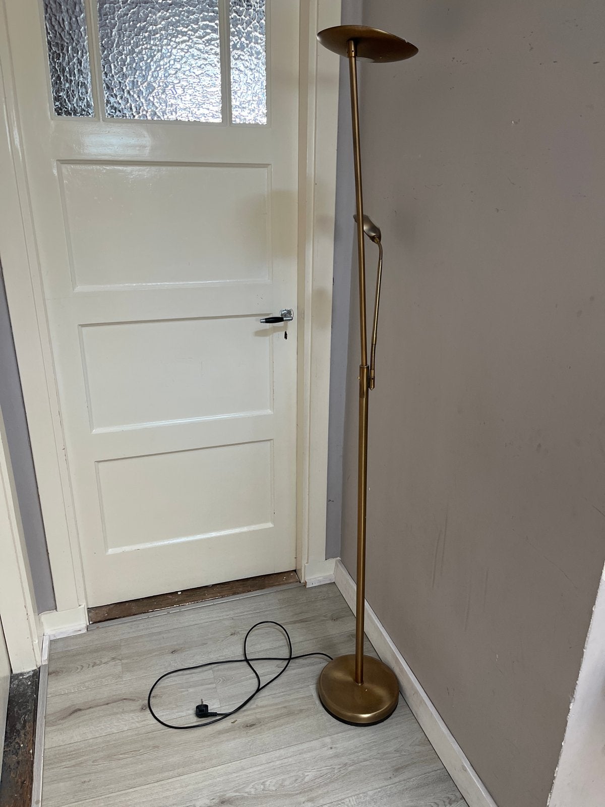Gouden vloerlamp met leeslamp, ca. 183 cm hoog, Ophalen, Gebruikt, Metaal, 150 tot 200 cm