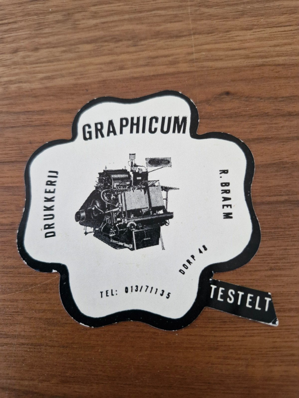 10679 Vintage sticker Drukkerij Graphicum R. Braem Testelt, Ophalen of Verzenden, Zo goed als nieuw, Bedrijf of Vereniging