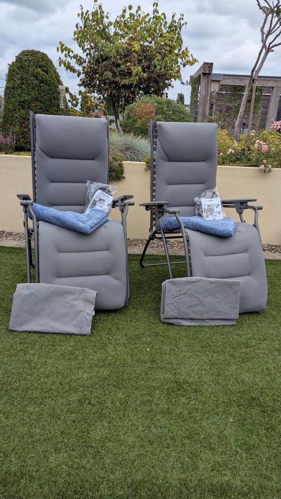 2 Lafuma Zero-Gravity Relaxstoelen met accessoires Z.G.A.N., Ophalen, Zo goed als nieuw, Metaal, Verstelbaar
