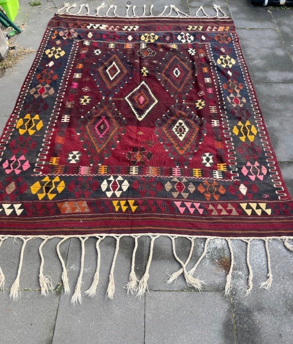 Vintage Kelim Tapijt - Handgeweven met Etnische Motieven, Gebruikt, 100 tot 150 cm, Ophalen of Verzenden, 150 tot 200 cm